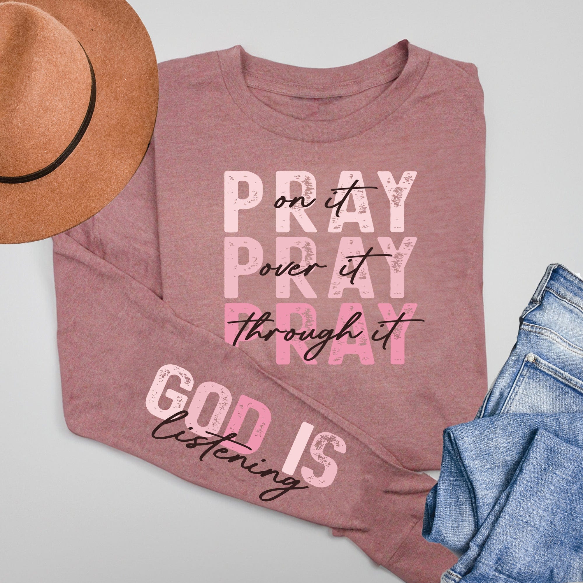 Pray On It  | Long Sleeve Tee | Heather Mauve | Layflat | 4414